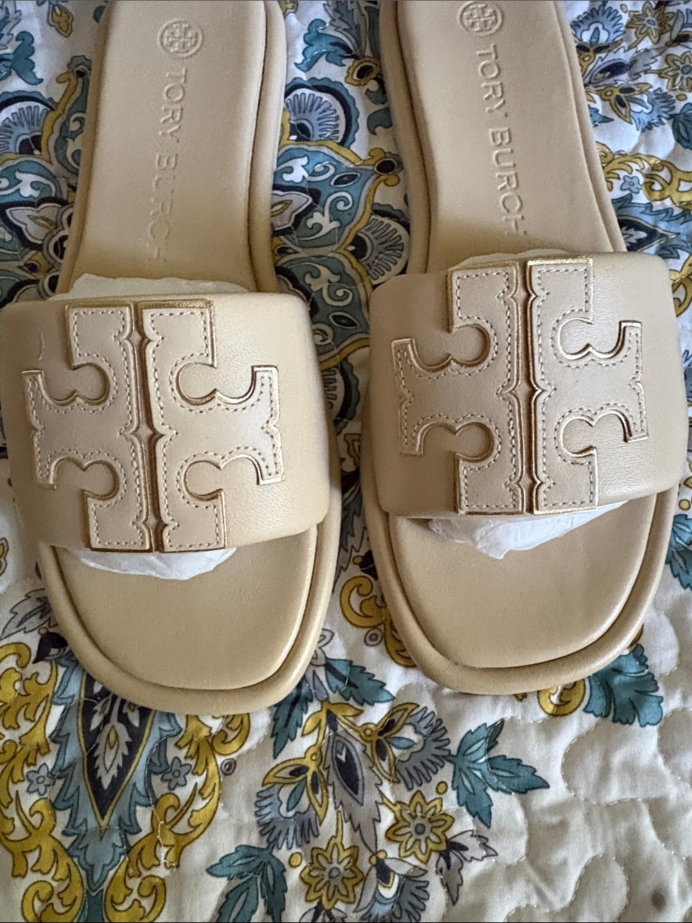 Tory Burch Cream Leather Logo Slide Mules - Picture 2 of 6